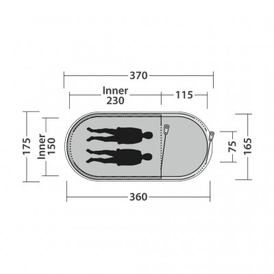 Floor plan with two sleeping spaces for the Outwell Nexion 2 Ocean camping tent.