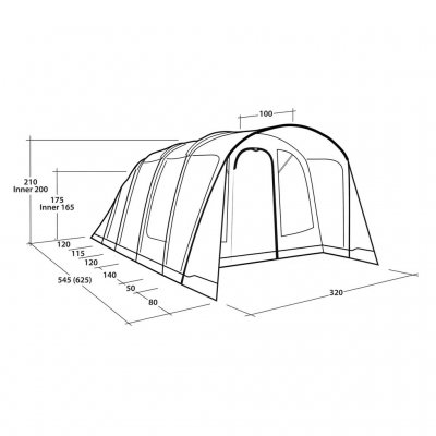 Dimensions sketch for the family tent Outwell Ohio 5 TC.
