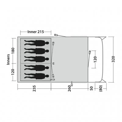 Layout of the family tent Outwell Ohio 5 TC. It has two bedrooms with space for 2 and 3 people respectively.