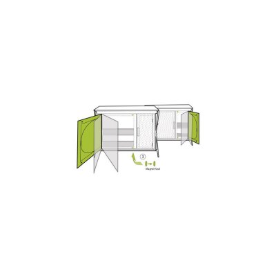Fixed doors with magnetic locks provide easy access to the cabinets.