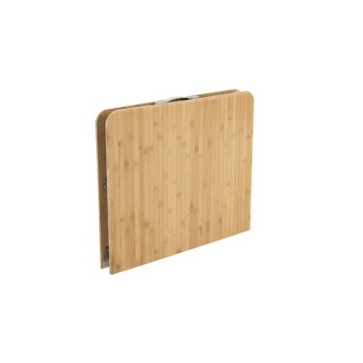 The camping table is folded in the middle and can then be carried in the recessed handle.