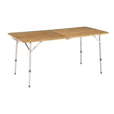 Large folding camping table with wooden board and stable aluminum frame.