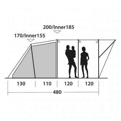 Elevation drawing for the living room and the sleeping cabin for Outwell Lawndale 6 family tent.