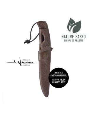 Swedish-made multi-purpose knife with good grip and a fire steel in the handle. Blade length around 9cm.