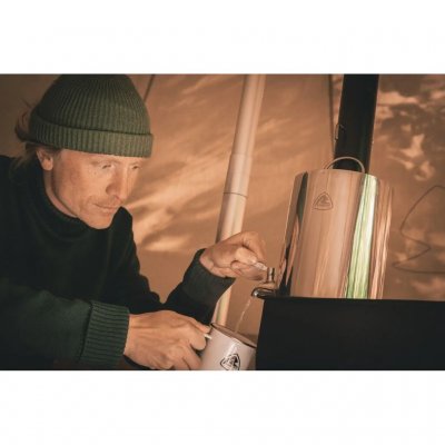 Water container/water kettle with tap that easily attaches to the stove pipe.