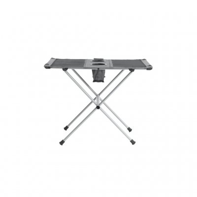 Small and low table with a steel frame and cup holders for two people.