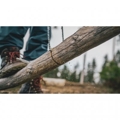 Chain saw with wrist strap that easily cuts through thicker branches and smaller trees.