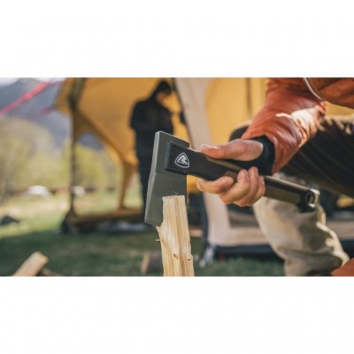 Compact wilderness axe with a forged carbon steel head.