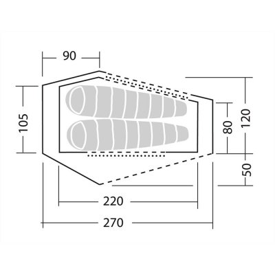 Planlösning för Robens Goldcrest 2 lättviktstält för två personer.