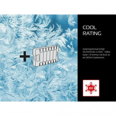 Cool Rating – Insulation tested according to SE/EN12546-2:2000: keeps contents cool for 8 hours when using an 800 ml ice pack