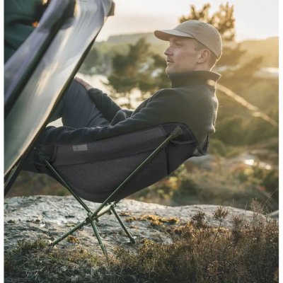Compact camping chair with an extra wide seat. Mesh panels provide excellent breathability.