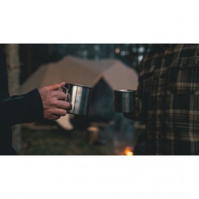 Stainless steel coffee mug with foldable handles.