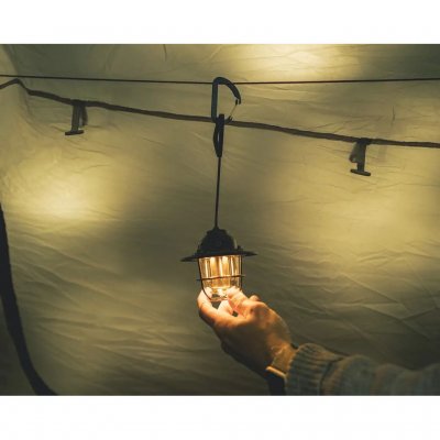 Small, lightweight and rechargeable camping lamp with hanger and powerful battery.