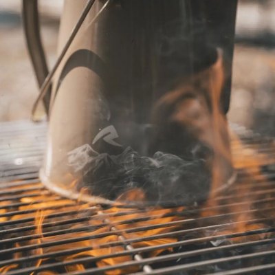 Robens Tongass enamel coffee kettle works just as well on a camping stove as over an open fire.