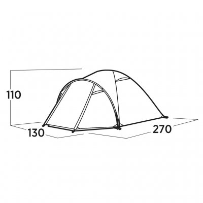 Setesdal 2 dome tent dimensional drawing, showing the length, width, height and vestibule size of the tent.