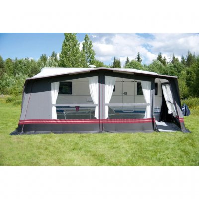 Swedish Tent Residence awning in light gray with red decorative stripe and white curtains.
