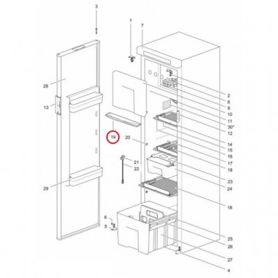 Exploded view for the drip tray of the Thetford freezer.