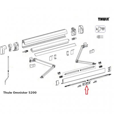 The bracket is located at the front of the awning front.